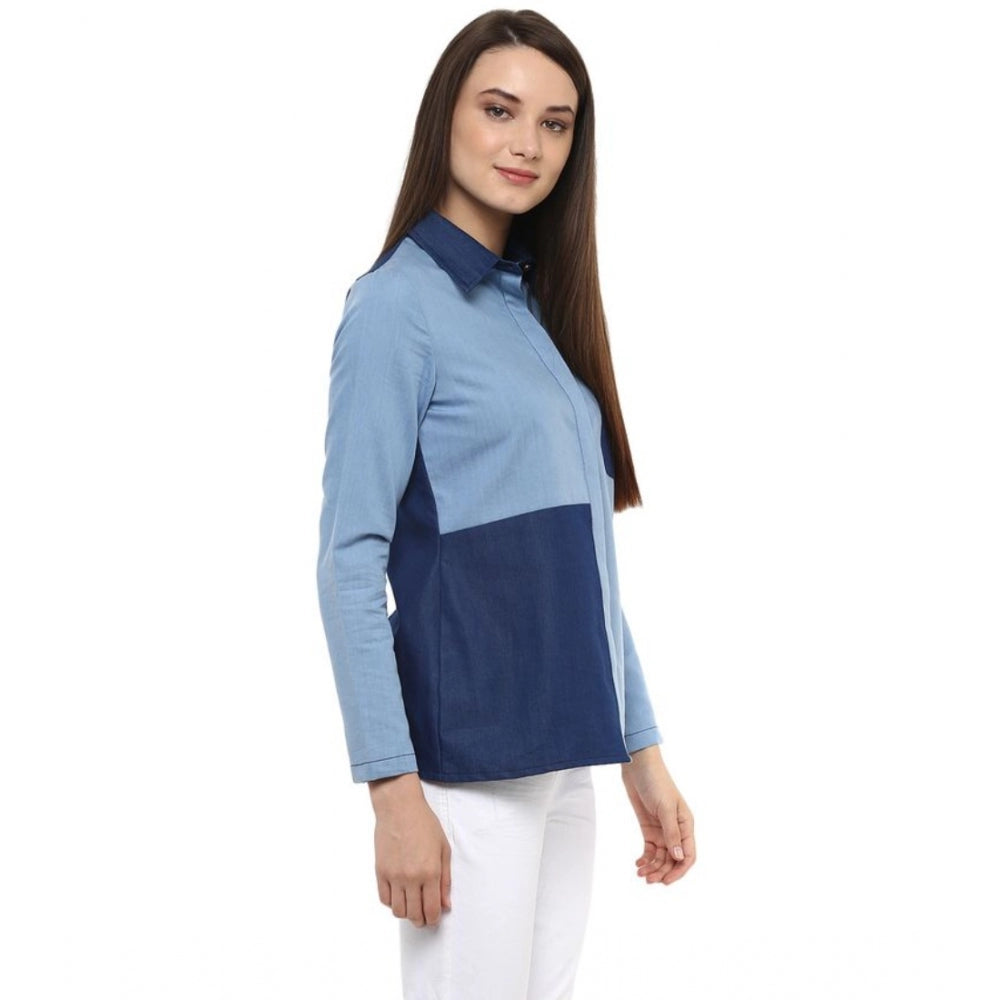 Women Denim Patch Work Long Sleeves Regular Top (Blue)