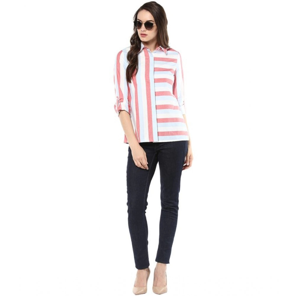 Women Cotton Striped Roll Up Sleeve Regular Top (Red)