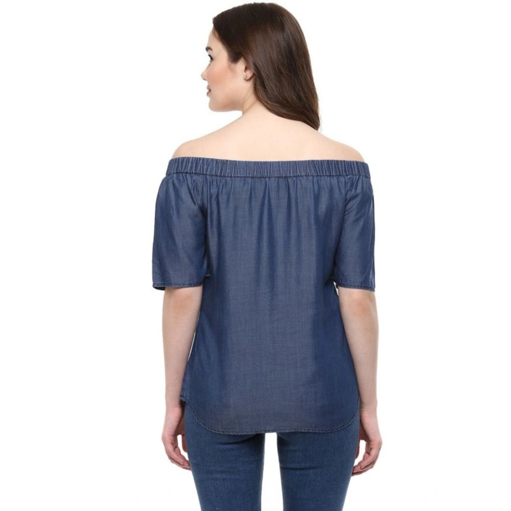 Women Denim Solid Short Sleeve Regular Top (Blue)