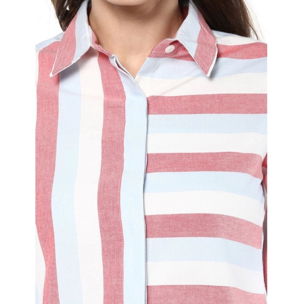 Women Cotton Striped Roll Up Sleeve Regular Top (Red)