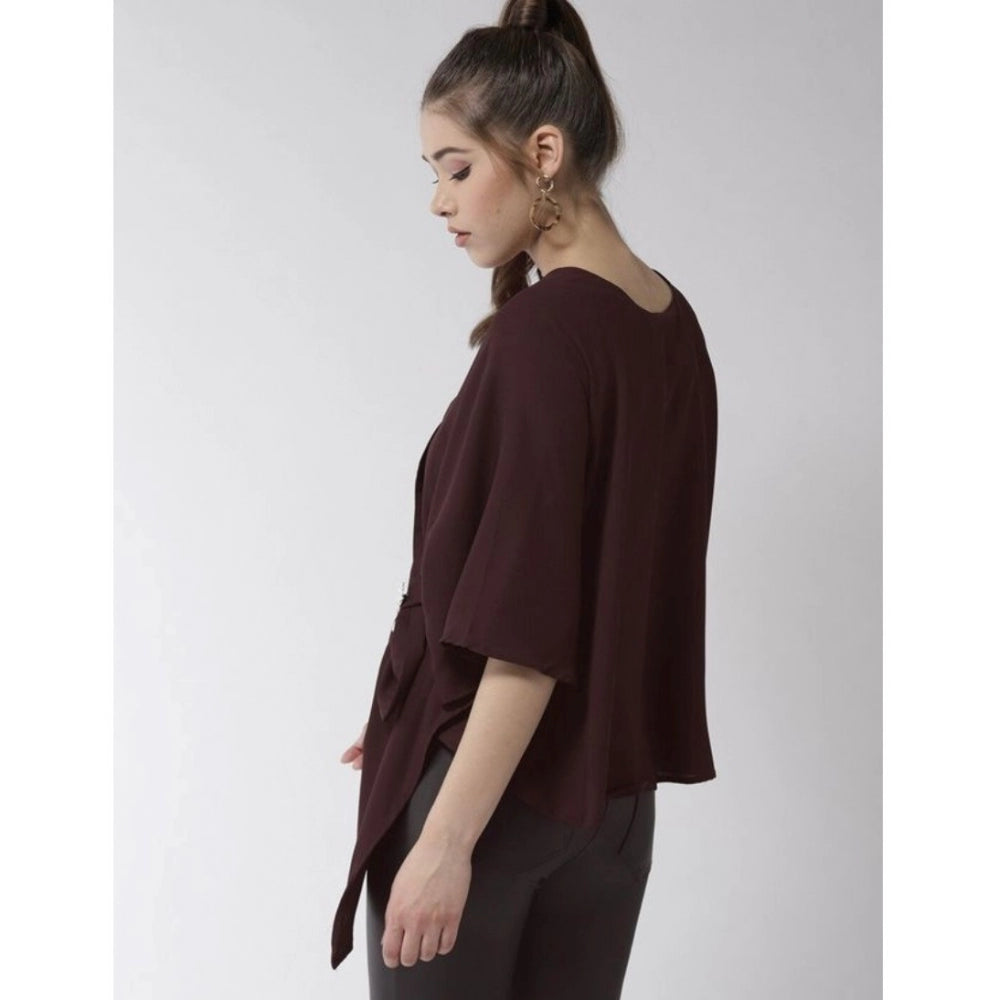 Women Polyester Solid Cape Sleeve Top (Maroon)