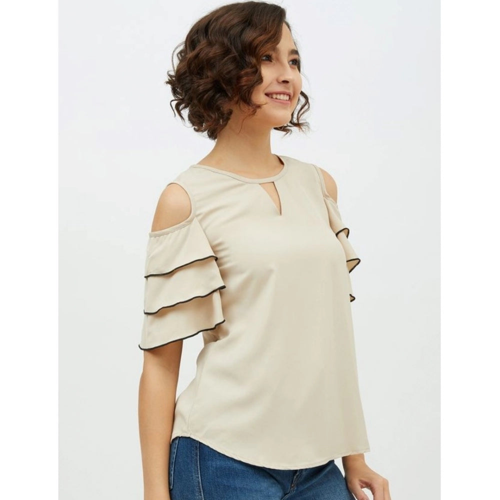 Women Polyester Tiered Cold Shoulder Top (Beige)