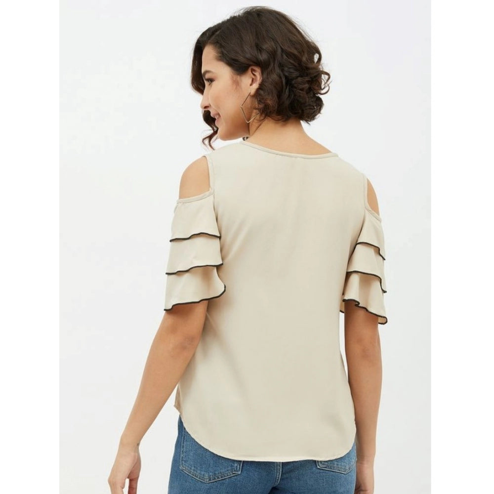 Women Polyester Tiered Cold Shoulder Top (Beige)