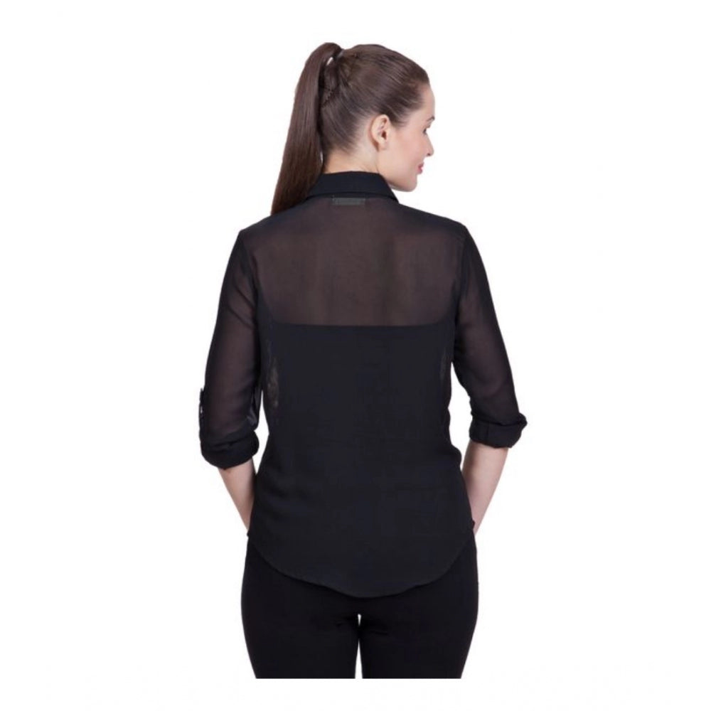 Women Polyester Printed Roll Up Sleeve Standard Length Shirt (Black)