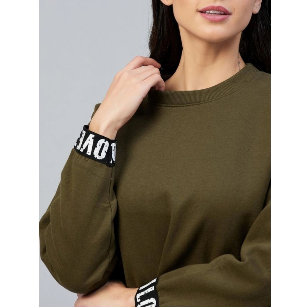 Women Fleece Solid Long Sleeves Sweatshirt (Olive)