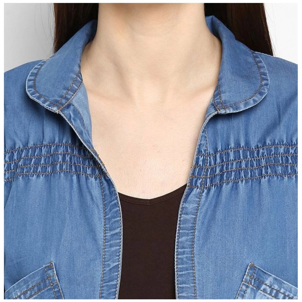 Women Denim Smocking 3-4th Sleeves Shrug (Blue)