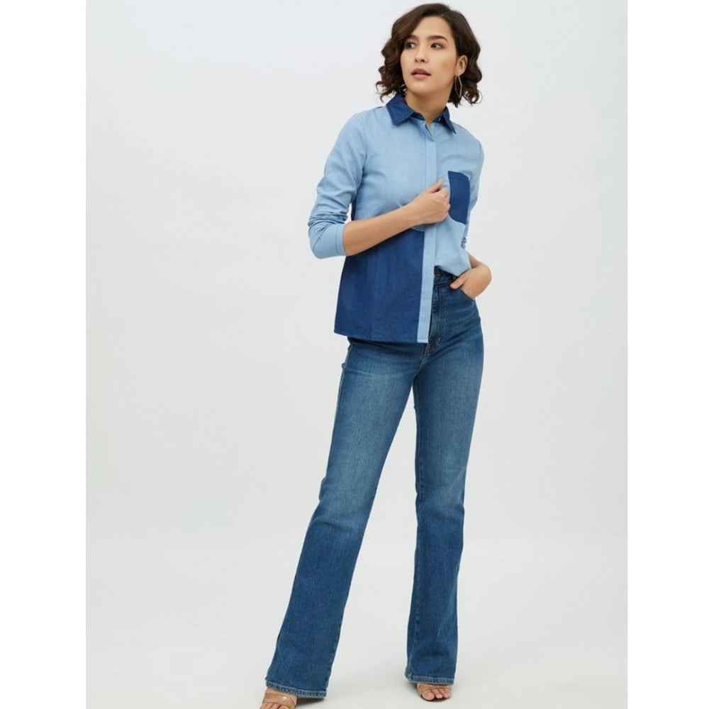 Women Denim Patch Work Long Sleeves Standard Length Shirt (Blue)