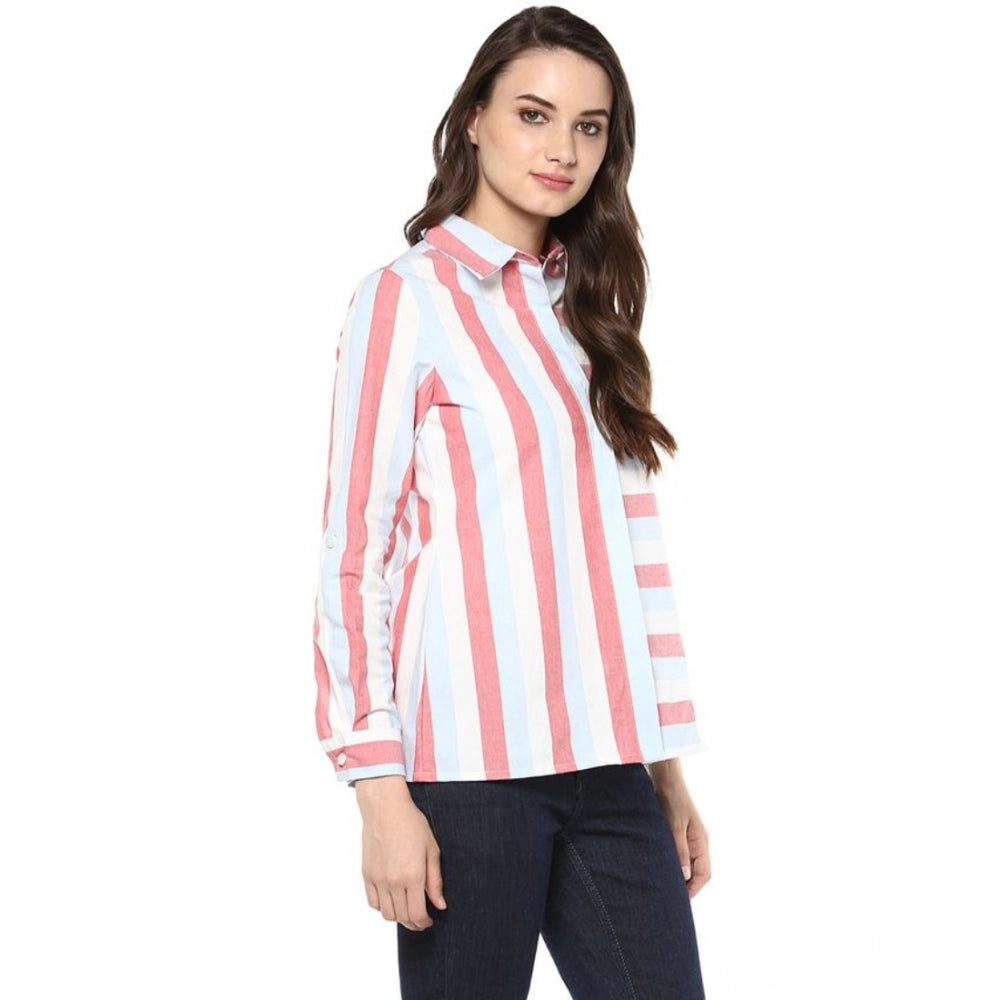 Women Cotton Striped Roll Up Sleeve Regular Top (Red)