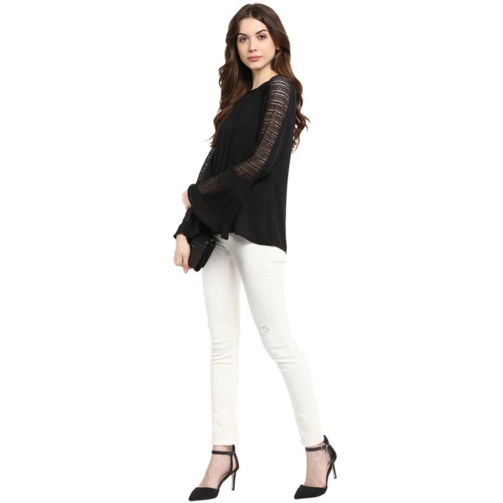 Women Polyester Georgette Self Design Bell Sleeve Regular Top (Black)