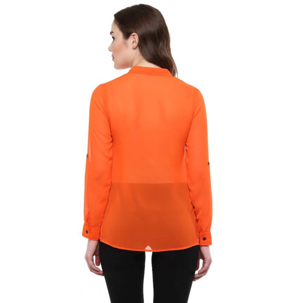 Women Polyester Solid Long Sleeves Regular Top (Orange)