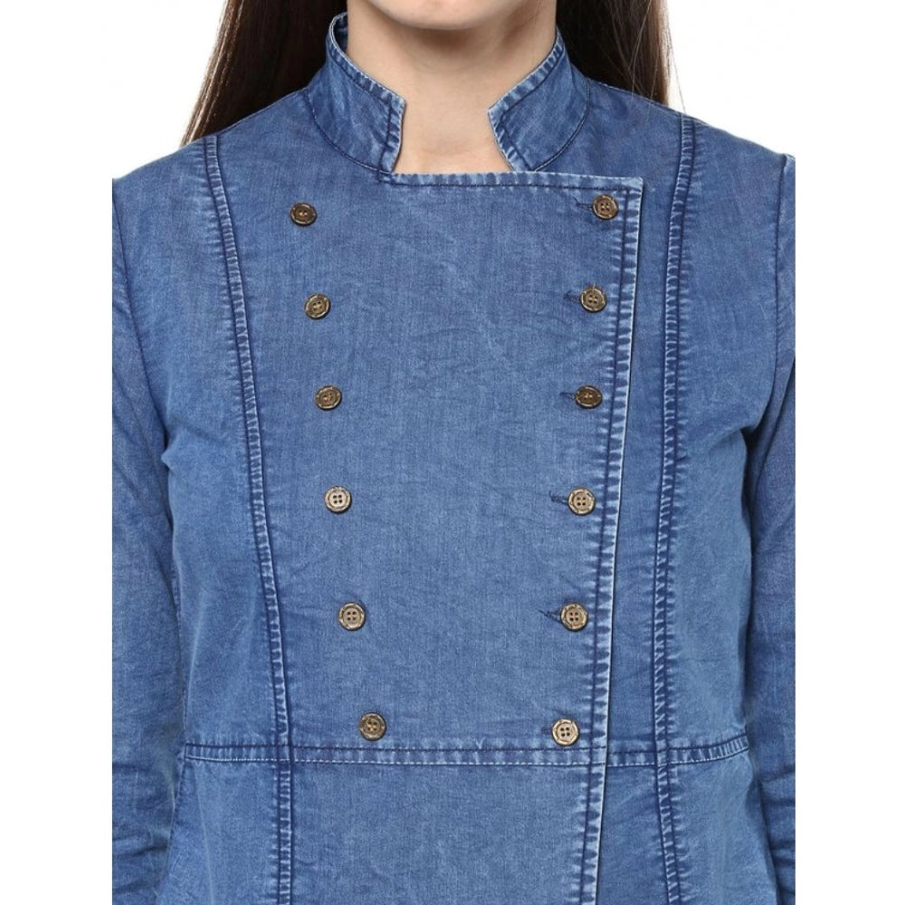 Women Denim Solid 3-4th Sleeves Regular Top (Blue)