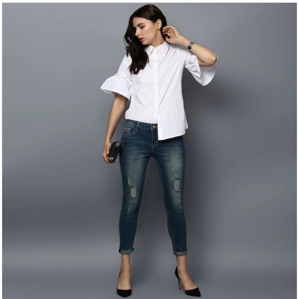 Women Cotton Solid Bell Sleeve Top (White)