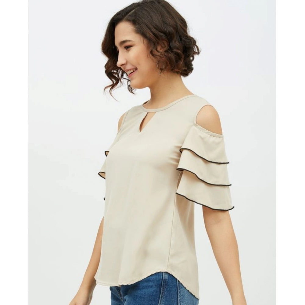 Women Polyester Tiered Cold Shoulder Top (Beige)