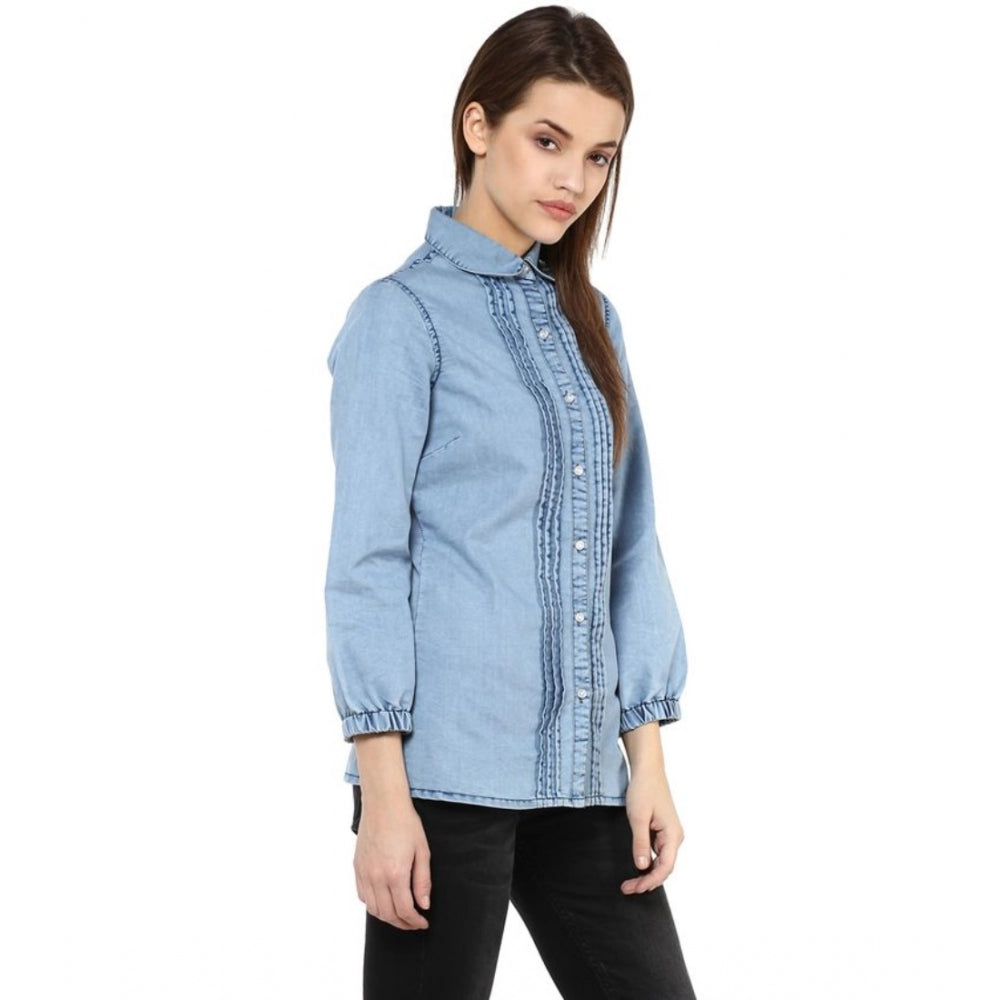 Women Denim Solid 3-4th Sleeves Standard Length Shirt (Blue)