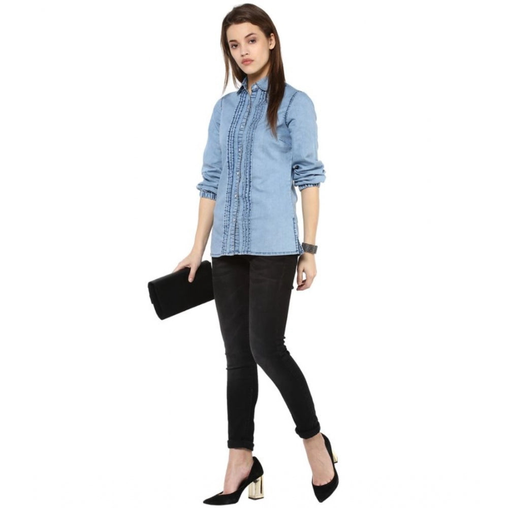 Women Denim Solid 3-4th Sleeves Standard Length Shirt (Blue)