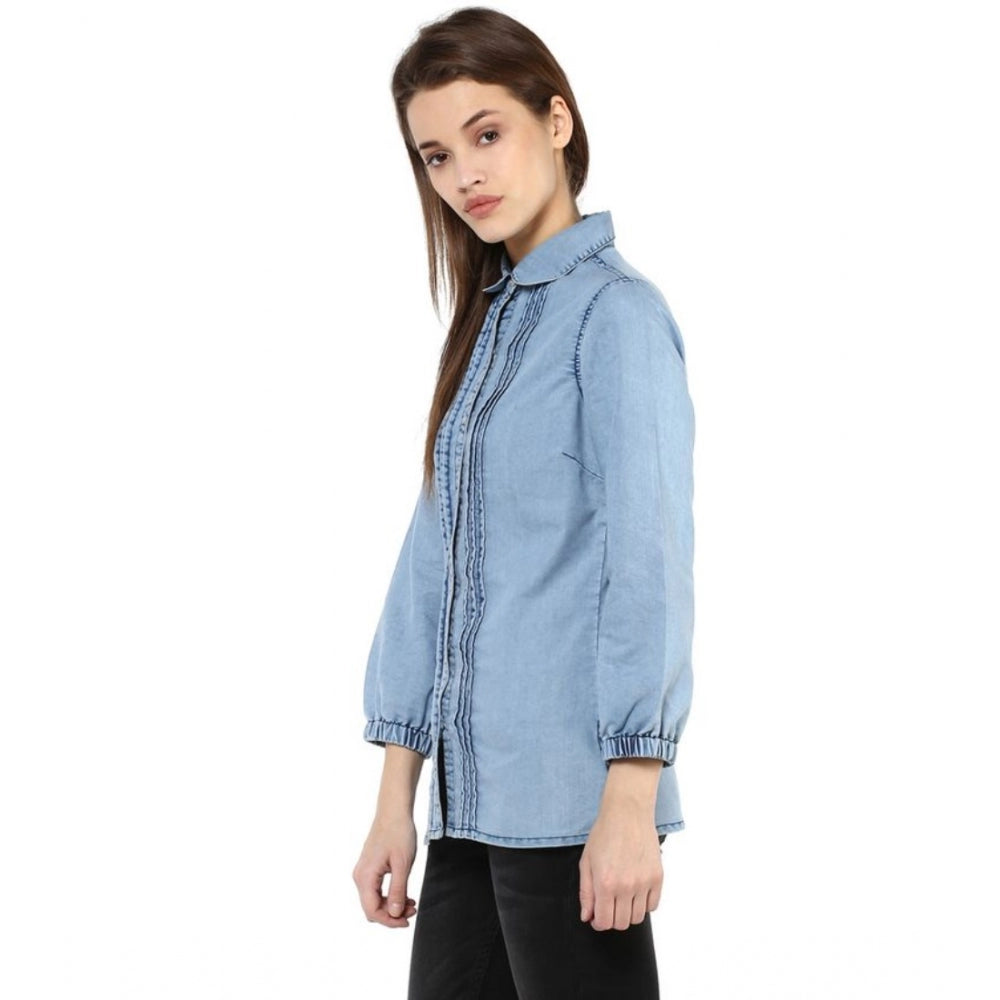 Women Denim Solid 3-4th Sleeves Standard Length Shirt (Blue)