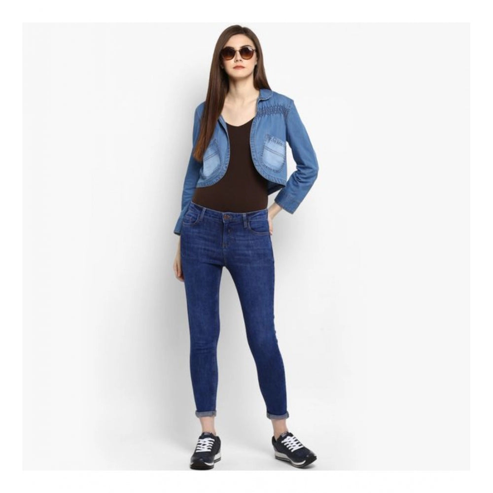 Women Denim Smocking 3-4th Sleeves Shrug (Blue)