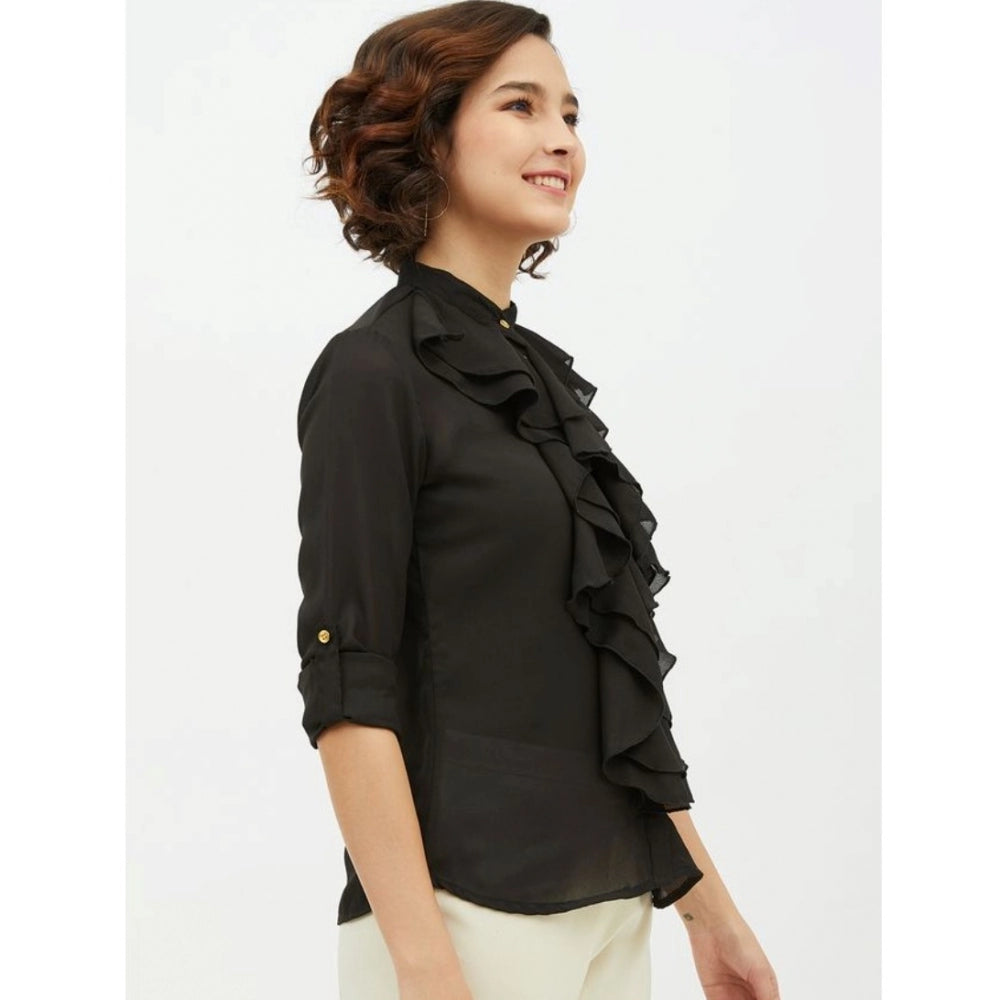 Women Polyester Ruffled Long Sleeves Standard Length Shirt (Black)