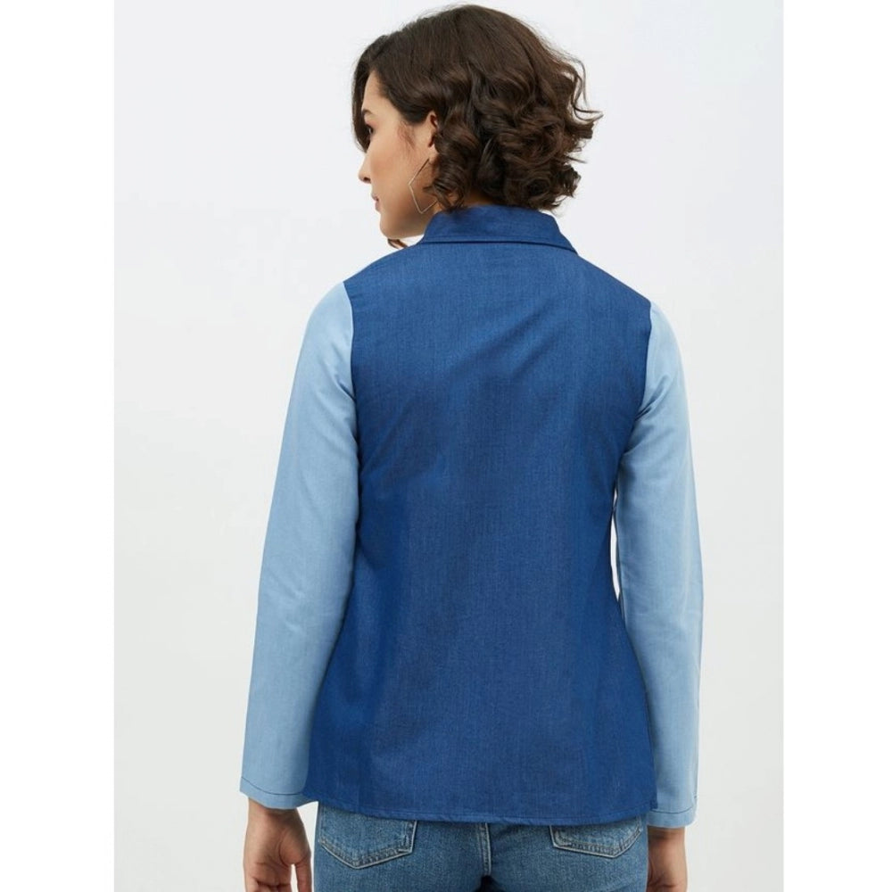 Women Denim Patch Work Long Sleeves Standard Length Shirt (Blue)