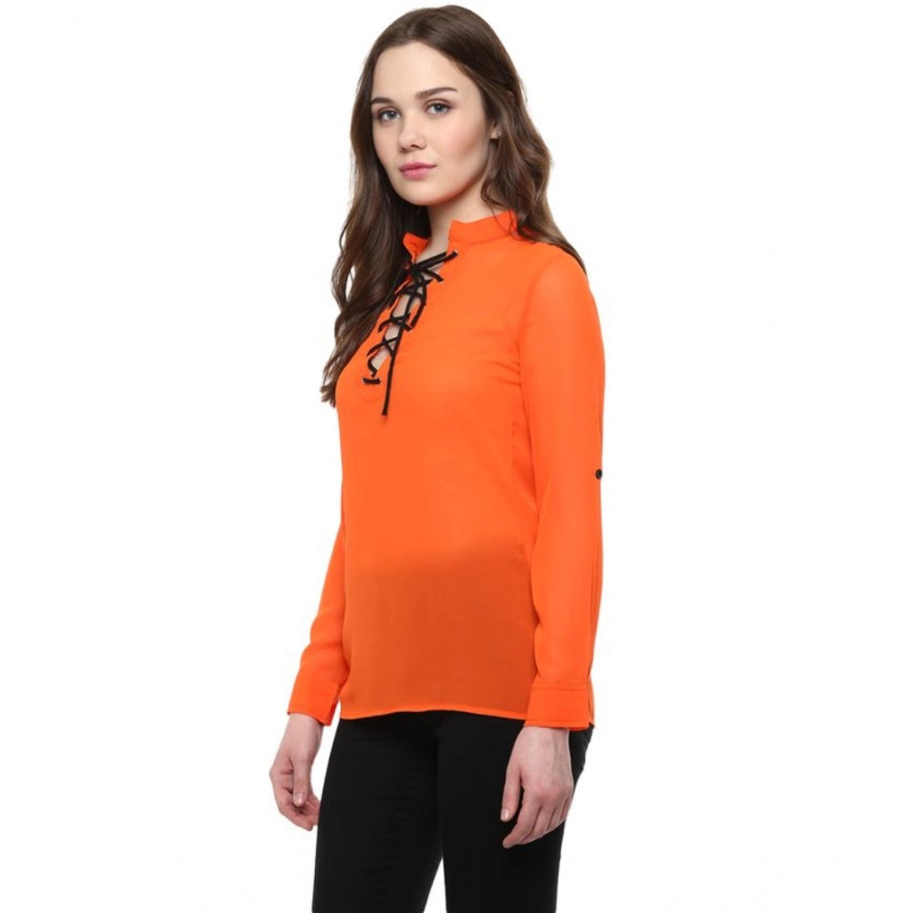 Women Polyester Solid Long Sleeves Regular Top (Orange)