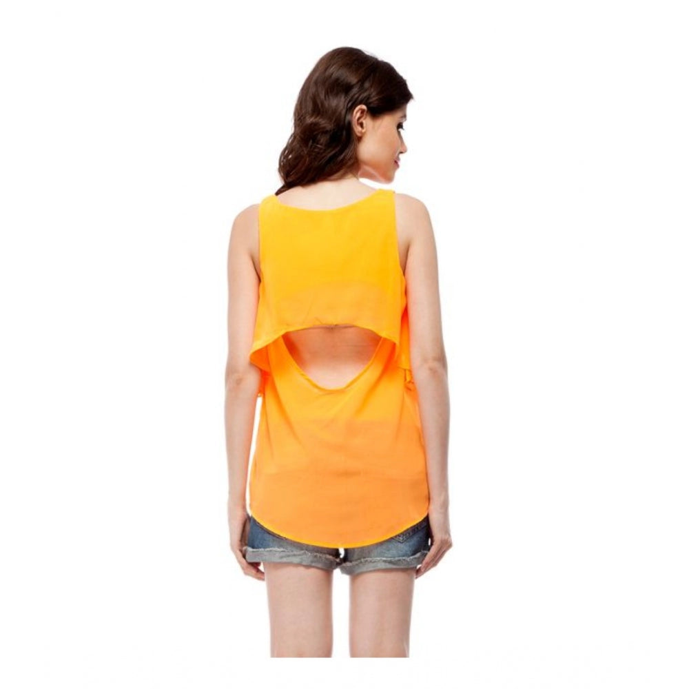 Women Polyester Solid Sleeveless Regular Top (Orange)