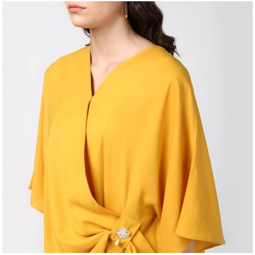 Women Polyester Solid Cape Sleeve Top (Yellow)