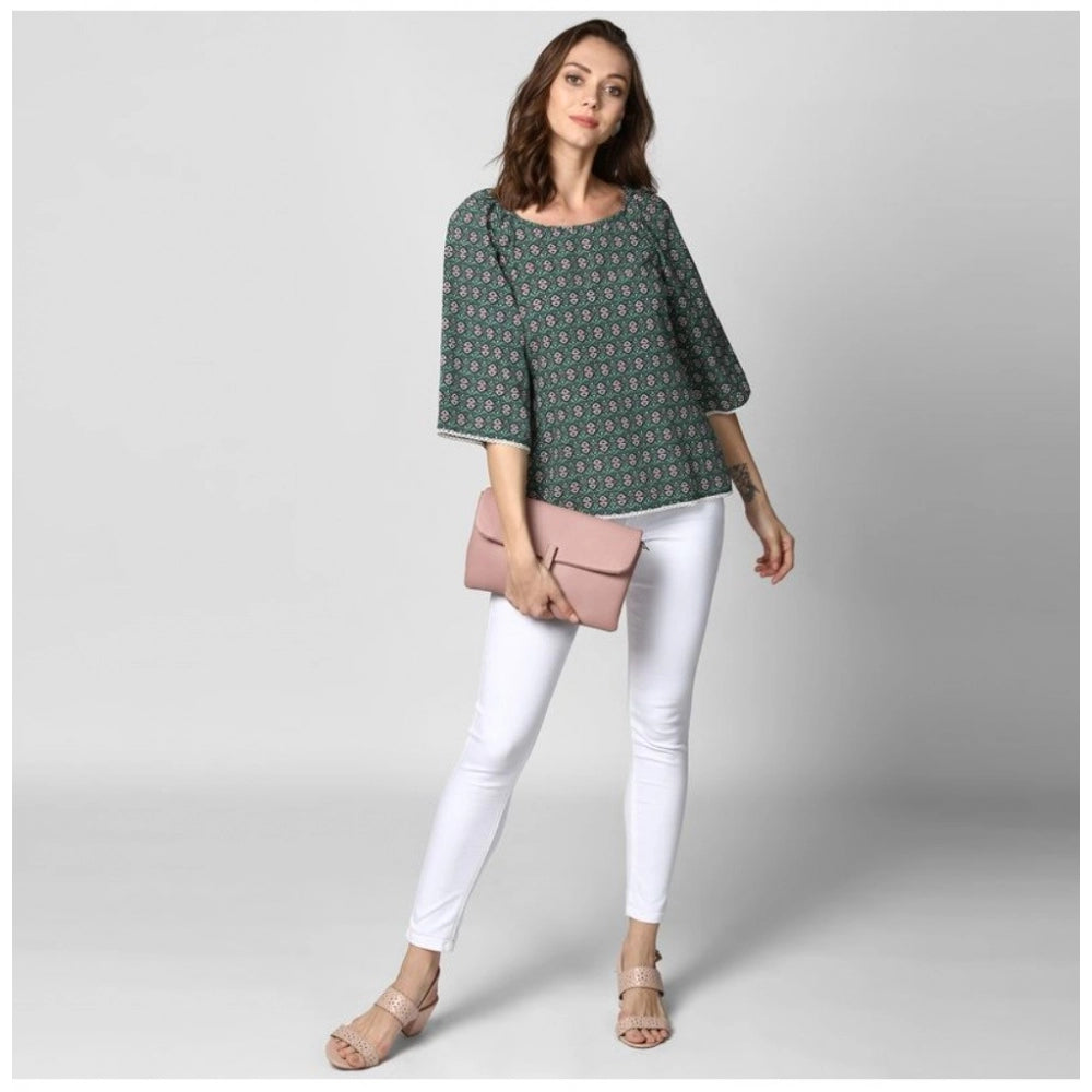 Women Polyester Printed 3-4th Sleeves Top (Green)