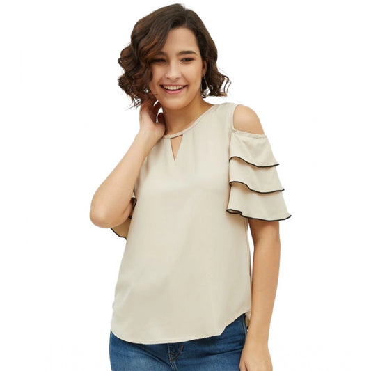 Women Polyester Tiered Cold Shoulder Top (Beige)