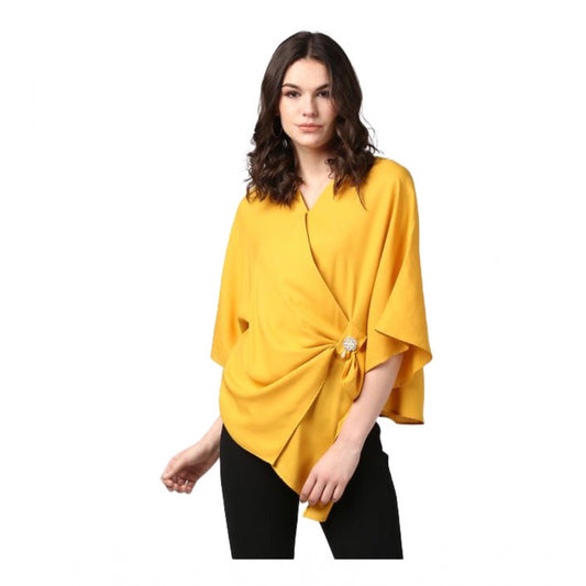 Women Polyester Solid Cape Sleeve Top (Yellow)