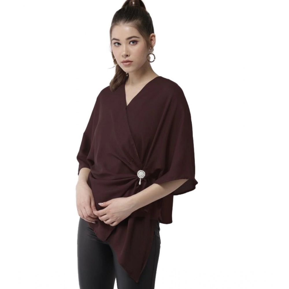 Women Polyester Solid Cape Sleeve Top (Maroon)