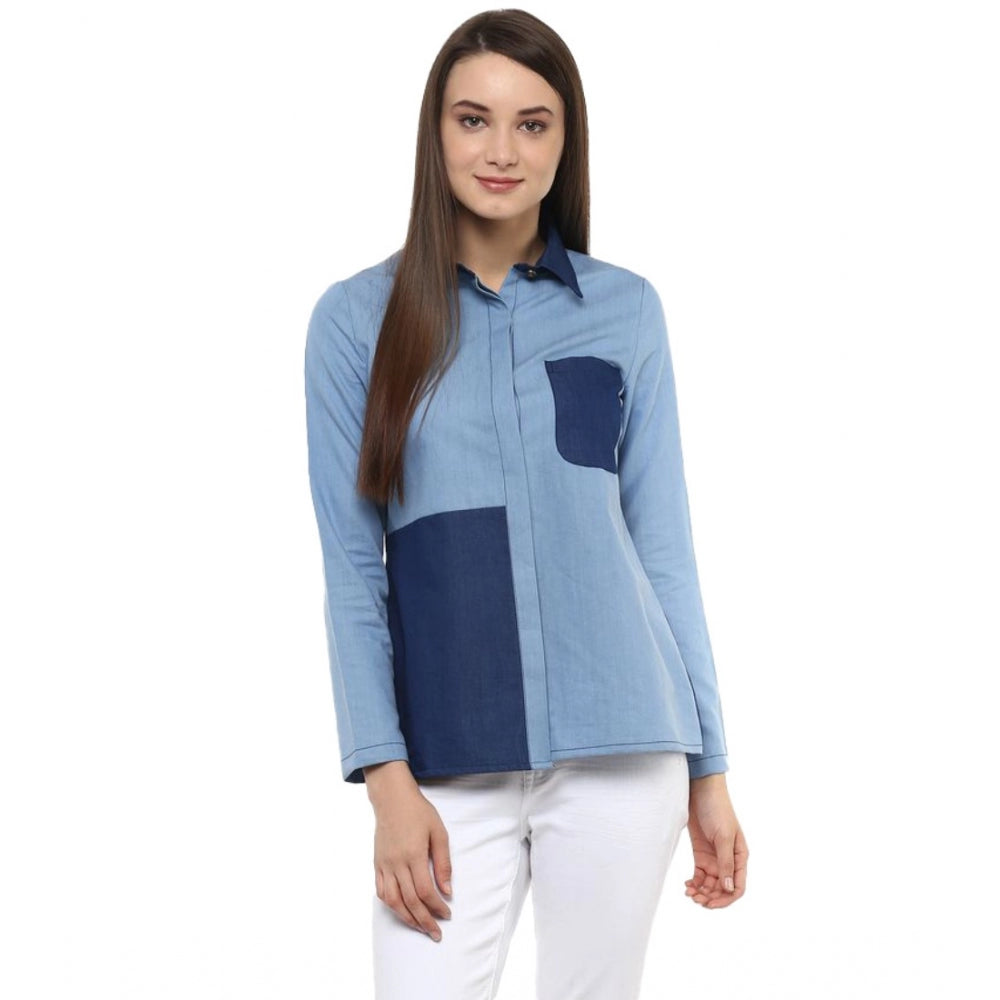 Women Denim Patch Work Long Sleeves Regular Top (Blue)