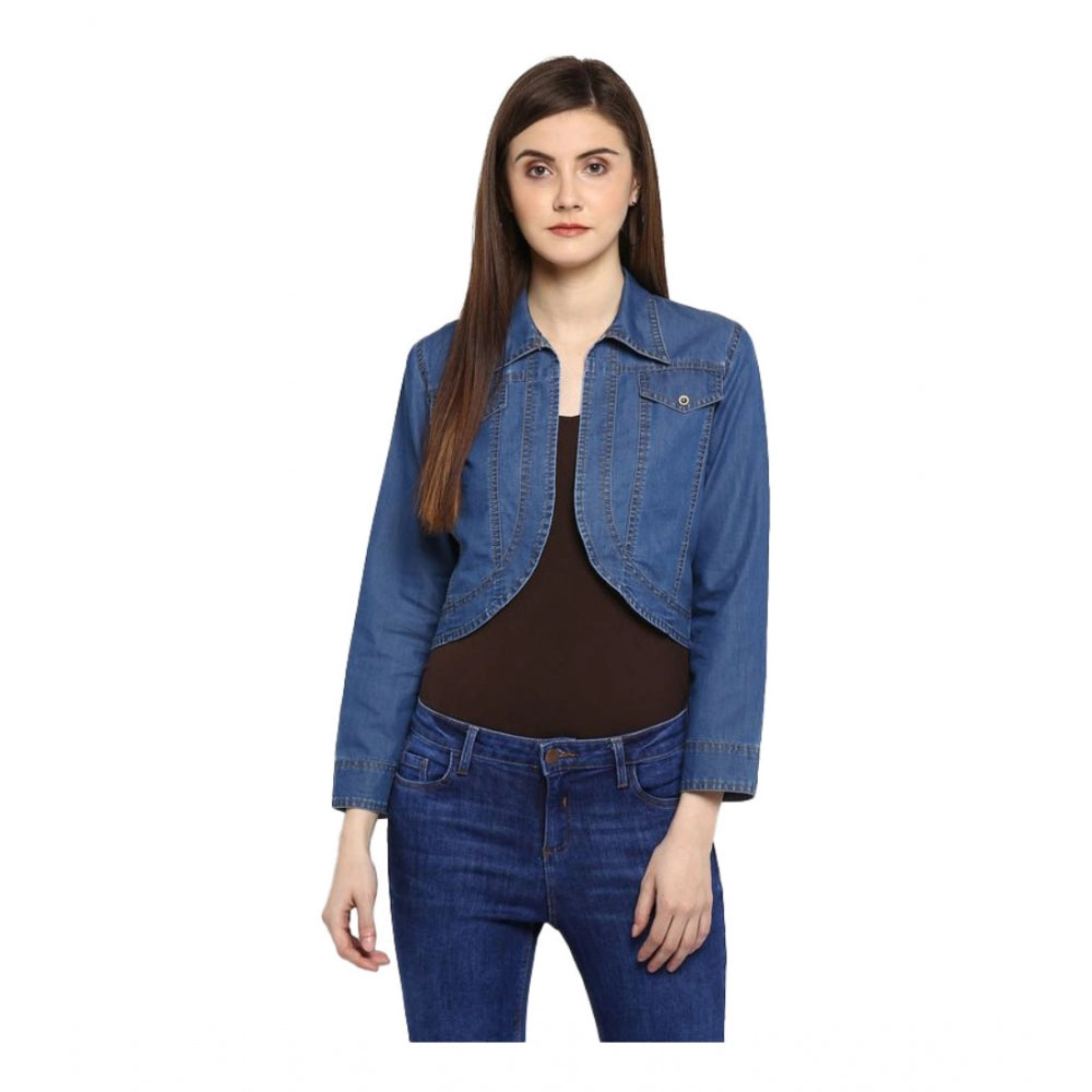 Women Denim Solid 3-4th Sleeves Shrug (Blue)