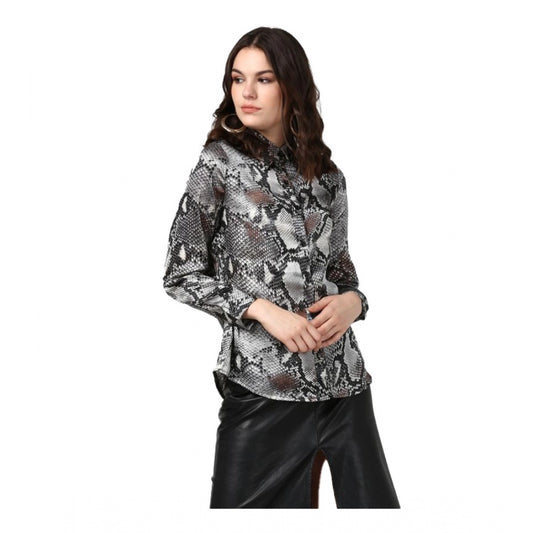 Women Satin Animal Print Long Sleeves Standard Length Shirt (Black - Grey)