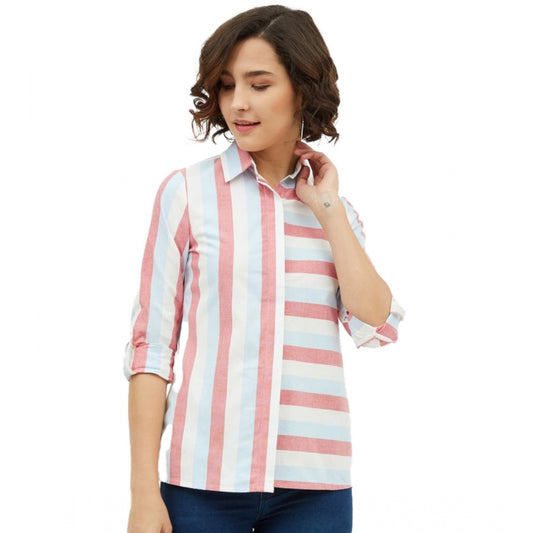 Women Cotton Striped Long Sleeves Standard Length Shirt (Pink)