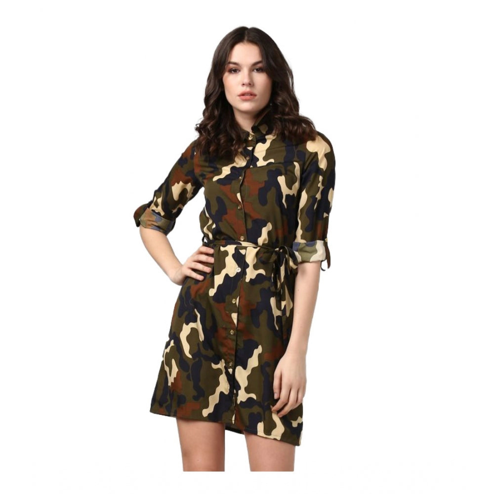 Women Polyester Printed Roll Up Sleeve Tunic Top (Green - Black)