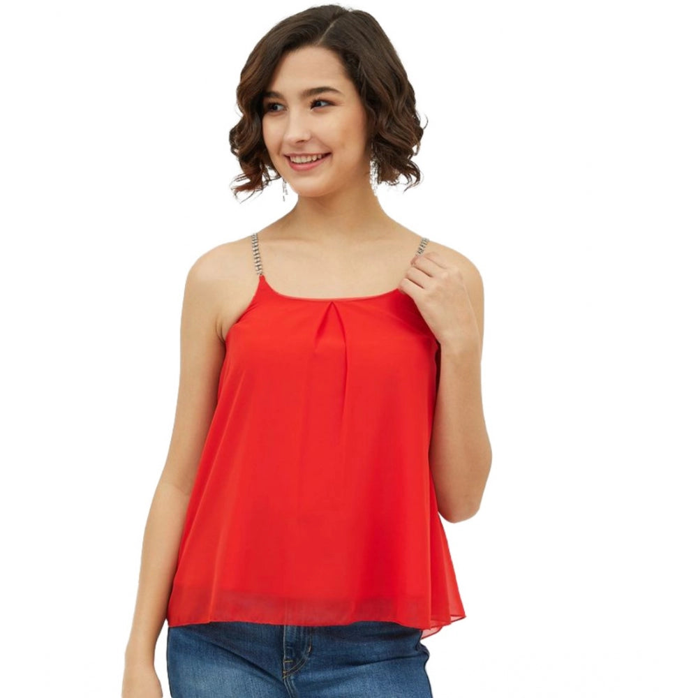 Women Polyester Embellished Shoulder Straps Top (Red)