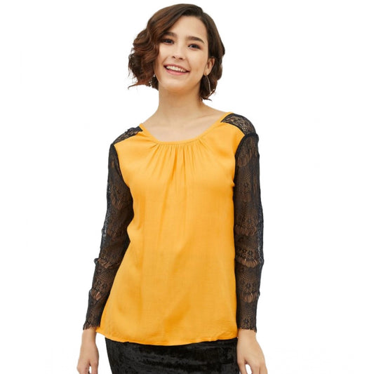 Women Rayon Lace Inserts Long Sleeves Top (Yellow)