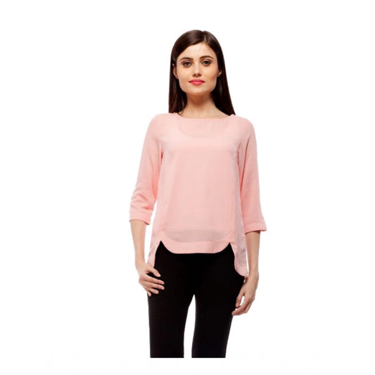 Women Polyester Solid 3-4th Sleeves Regular Top (Peach)