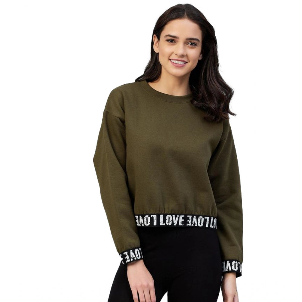 Women Fleece Solid Long Sleeves Sweatshirt (Olive)