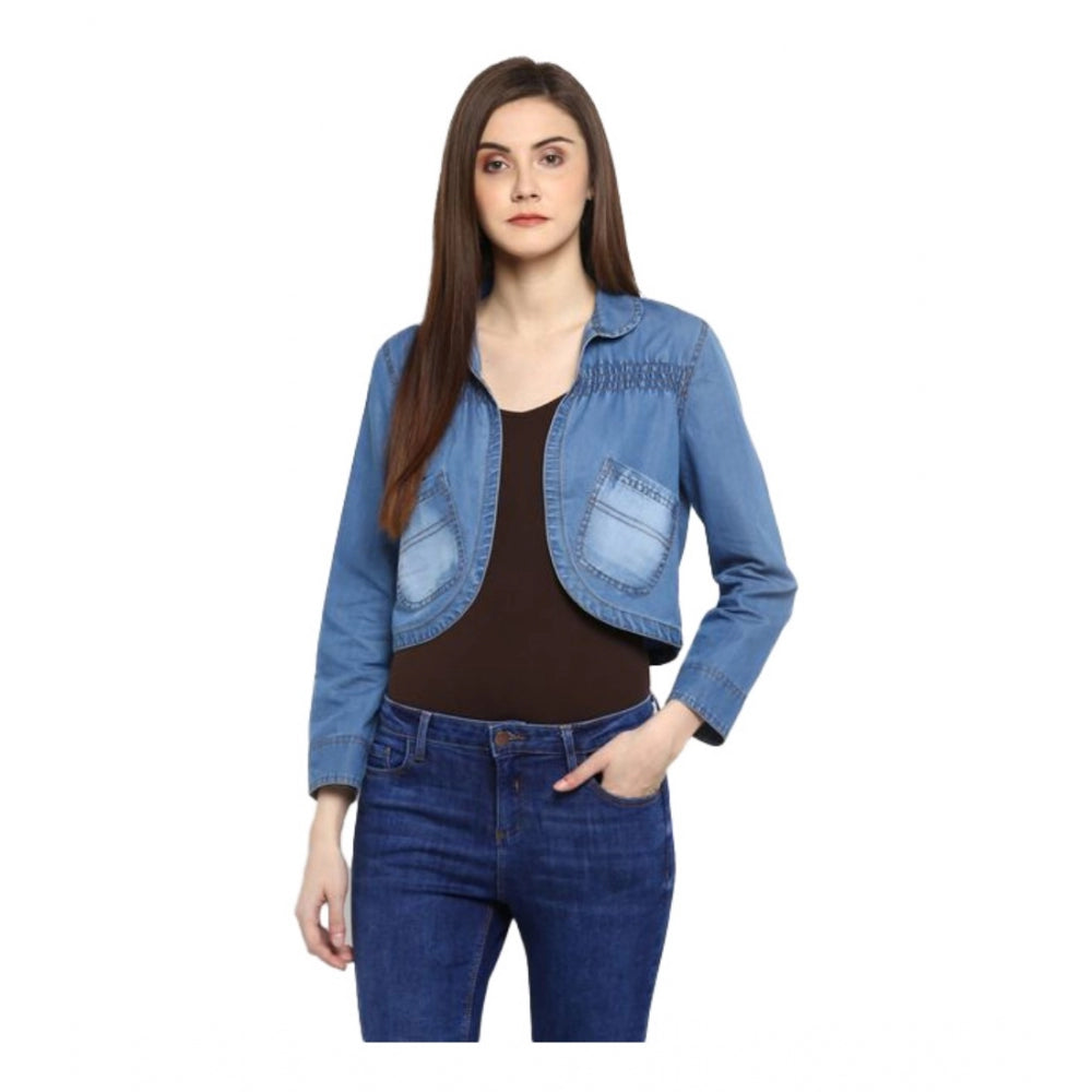 Women Denim Smocking 3-4th Sleeves Shrug (Blue)