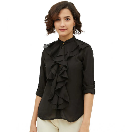 Women Polyester Ruffled Long Sleeves Standard Length Shirt (Black)