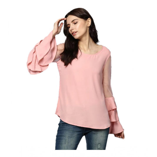 Women Polyester Solid Tier Sleeve Top (Pink)