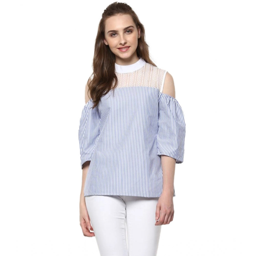 Women Cotton Striped Cold Shoulder Top (Blue)