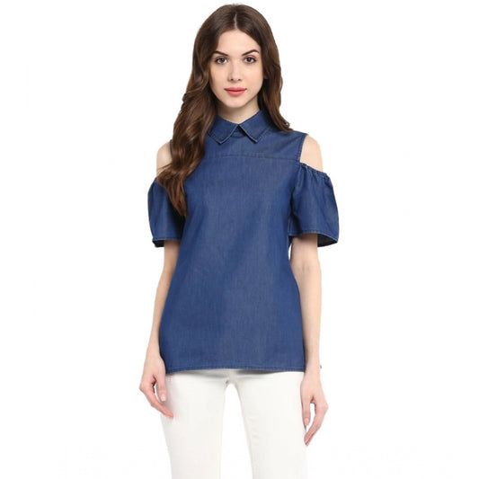 Women Denim Solid Cold Shoulder Regular Top (Blue)