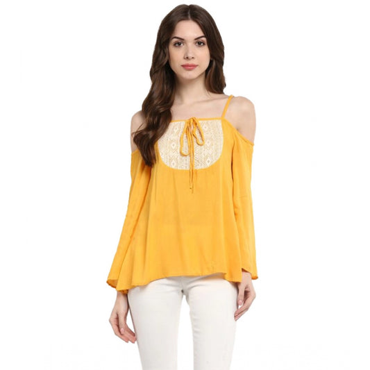 Women Rayon Embellished Cold Shoulder Regular Top (Mustard Yellow)