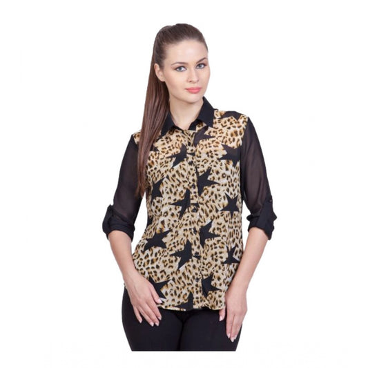 Women Polyester Printed Roll Up Sleeve Standard Length Shirt (Black)