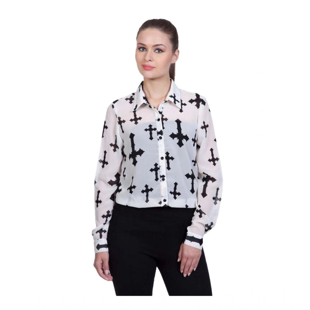 Women Polyester Printed Long Sleeves Standard Length Shirt (White)