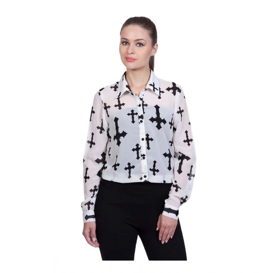 Women Polyester Printed Long Sleeves Standard Length Shirt (White)