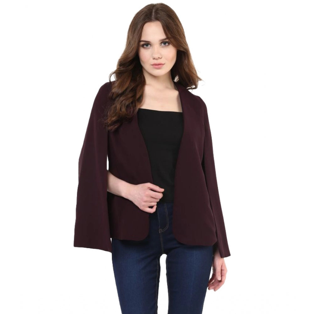 Women Polyester Solid Cape Sleeve Blazer (Wine)