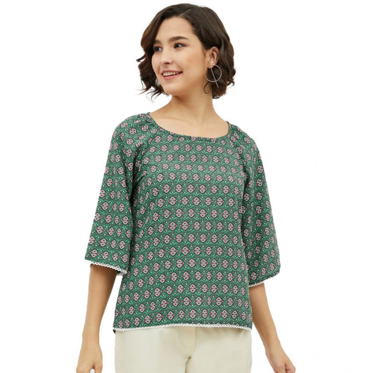 Women Polyester Printed 3-4th Sleeves Top (Green)